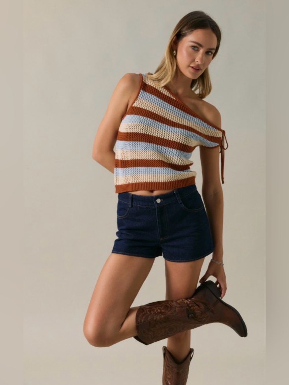 17. Striped One-Shoulder Crochet Tank Top - Brown & White